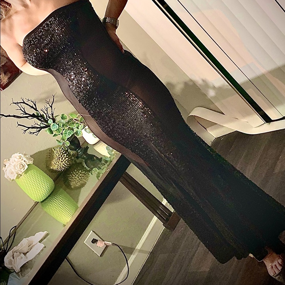 Strapless sequin and seethru mesh gown